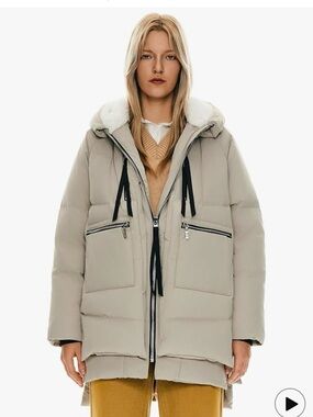 Beige Hooded Puffer Coat with Faux-Shearling Trim